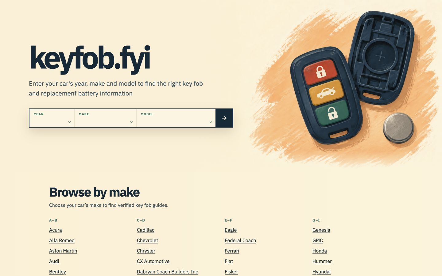 Desktop screenshot of the Keyfob.fyi homepage