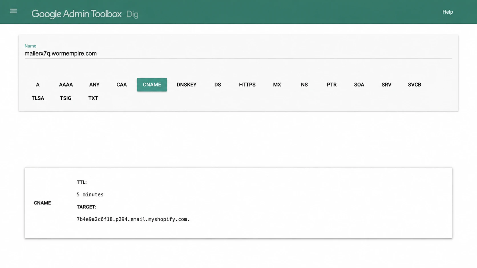 Google Admin Toolbox showing mailerx7q.wormempire.com pointing to 7b4e9a2c6f18.p294.email.myshopify.com