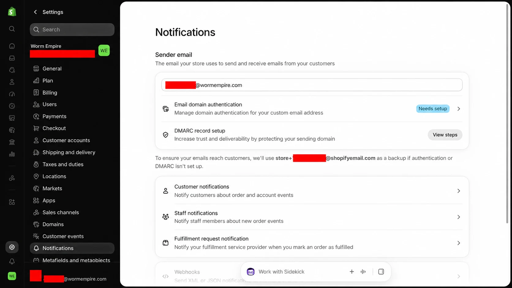 Shopify Notifications with the sender email and Email domain authentication marked Needs setup