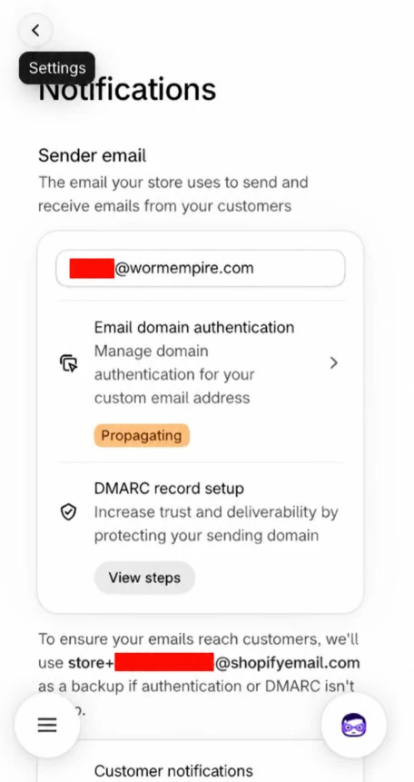 Shopify Notifications showing Email domain authentication marked Propagating