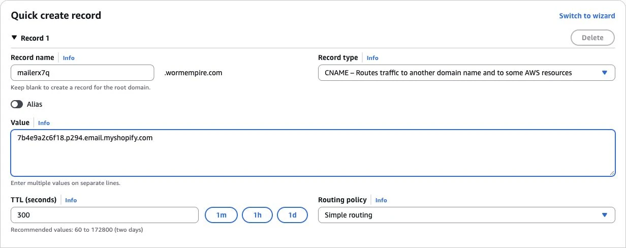 Amazon Route 53 CNAME settings showing mailerx7q, the example Shopify destination, Alias off, and TTL 300