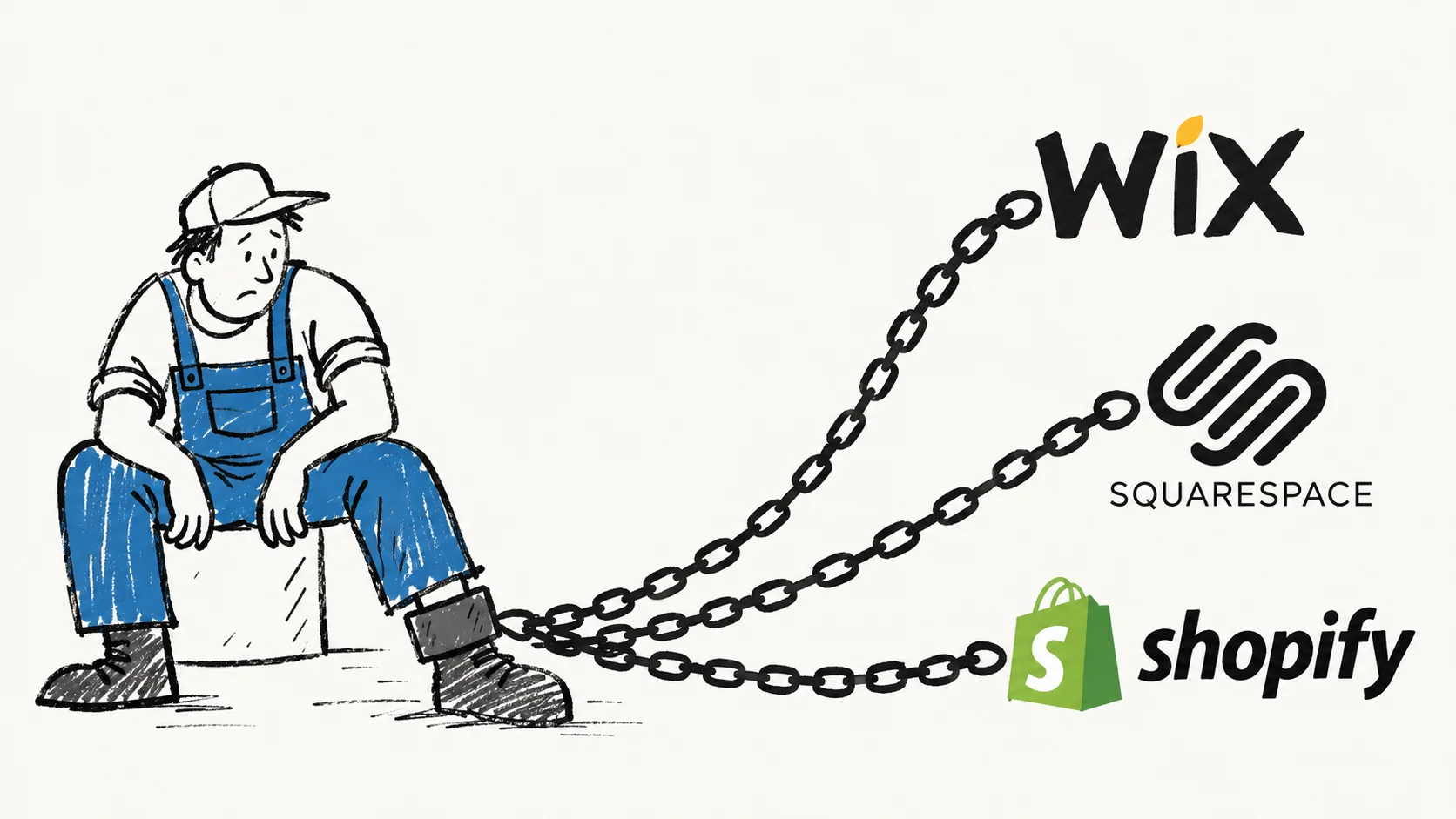 A business owner chained to the Wix, Squarespace and Shopify logos, illustrating platform lock-in.